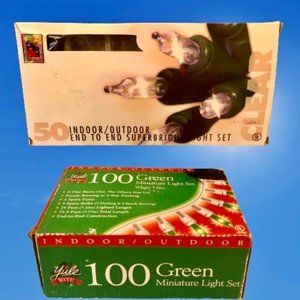 2 Sets of Christmas Lights 100 Green Miniature + 50 Clear New with Boxes